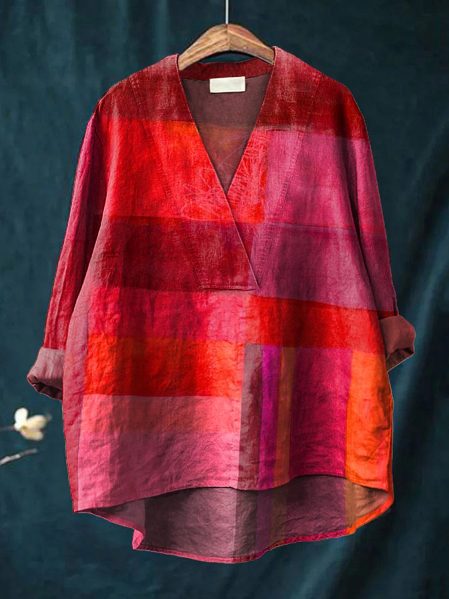 Oil Painting Geometric Color Block Art Printed Women's Casual Cotton And Linen V-neck Shirt