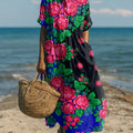 Women's Vintage Ethnic Rose Flower Painting Art Print Dress