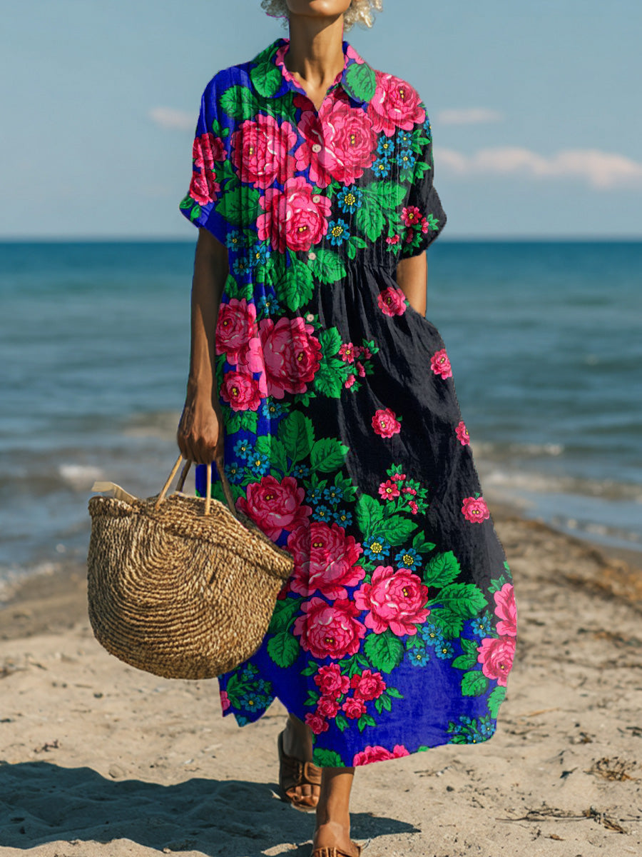 Women's Vintage Ethnic Rose Flower Painting Art Print Dress