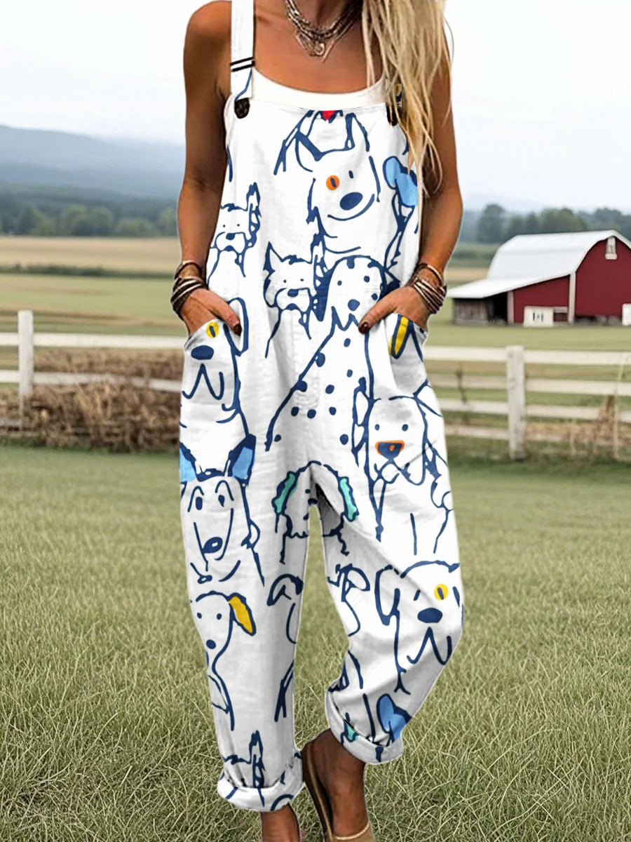 Women's Vintage Dog Art Print Casual 100% Cotton Wide Leg Jumpsuit