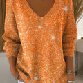 Women's V-neck Shiny Printed Sweater Top Orange