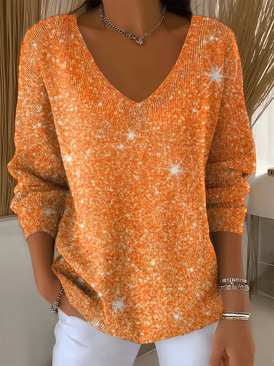 Women's V-neck Shiny Printed Sweater Top Orange