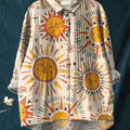 Women's Simple Sun Floral Pattern Art Print Casual Cotton And Linen Ruffle Shirt