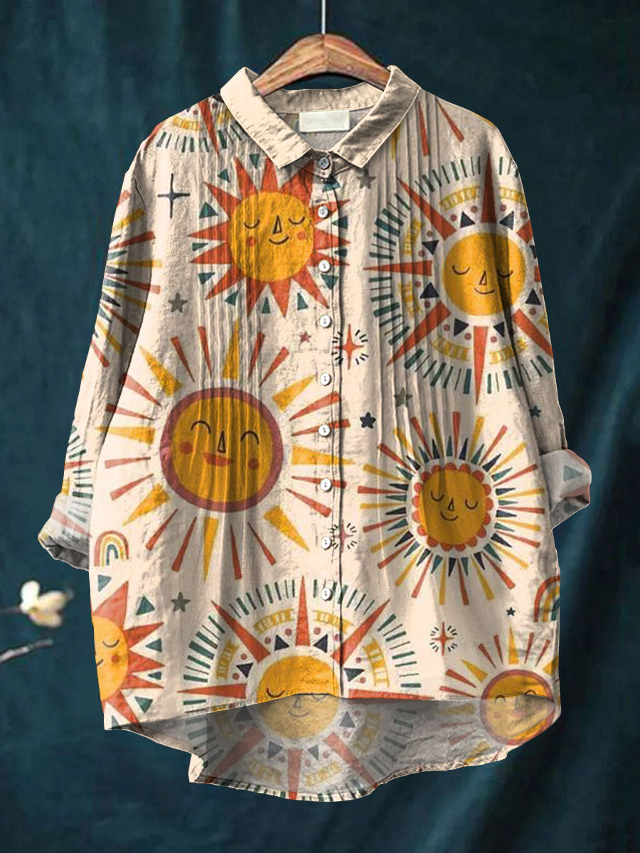Women's Simple Sun Floral Pattern Art Print Casual Cotton And Linen Ruffle Shirt