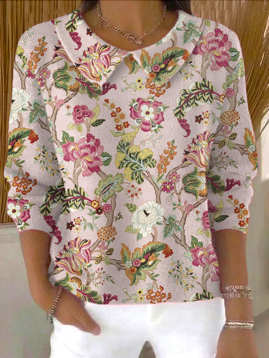 womens-vintage-flower-art-print-casual-peter-pan-collar-3-4-sleeve-sweater-22aw