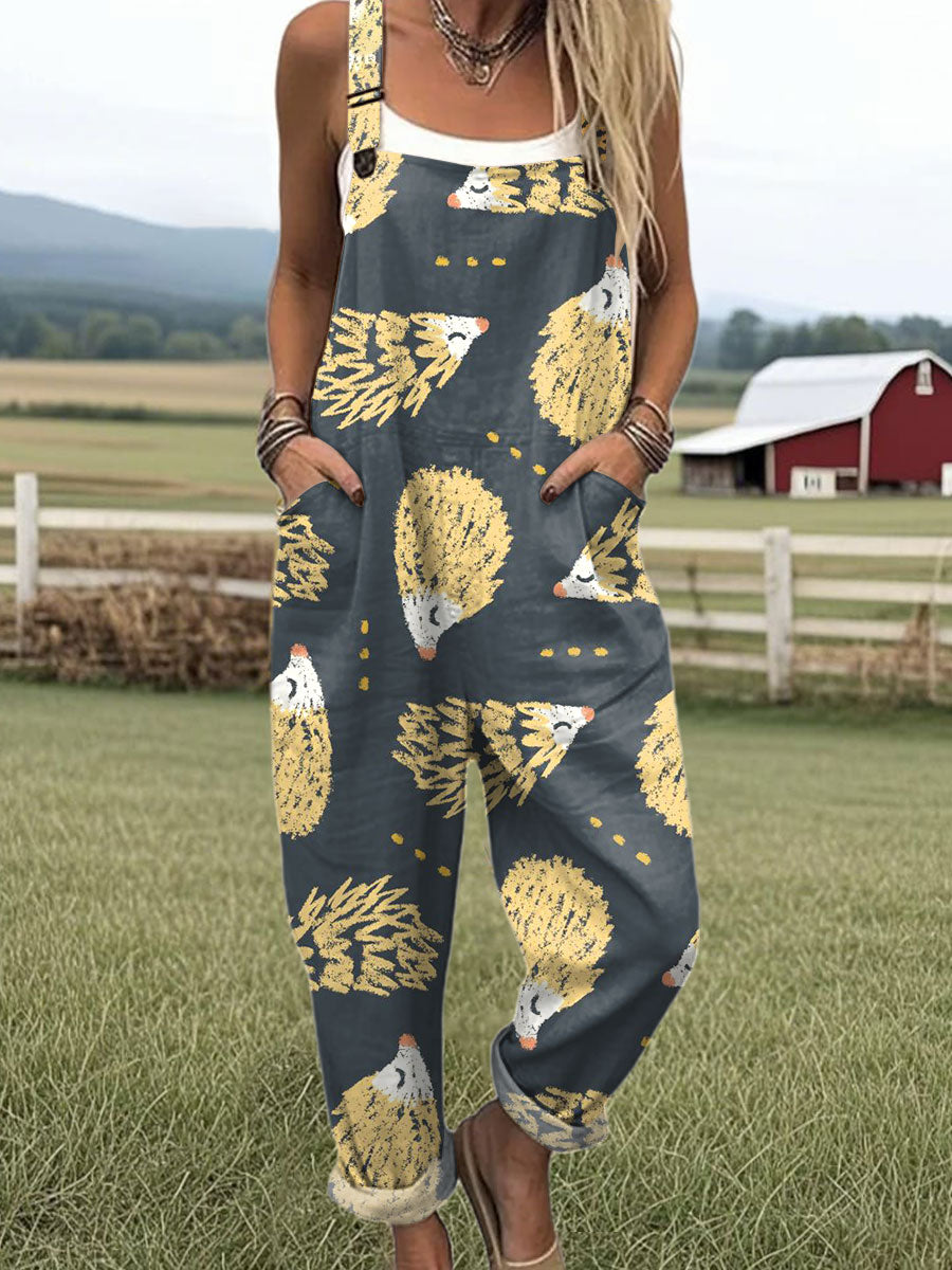 Women's Funny  Hedgehog Art Print Casual 100% Cotton Wide Leg Jumpsuit
