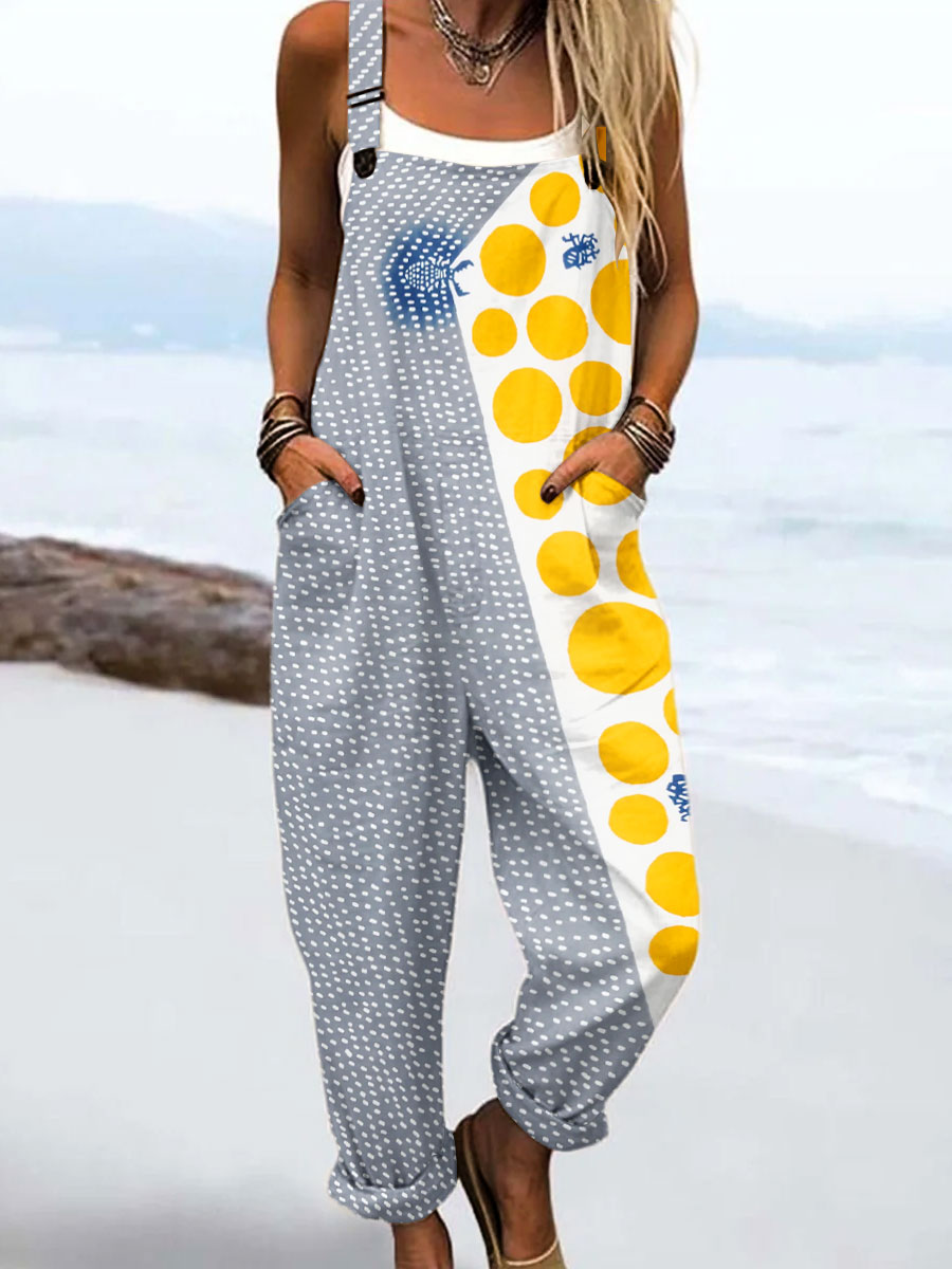 Women's Vintage Abstract Geometric Color Blocks Art Print Casual 100% Cotton Wide Leg Jumpsuit