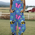Women's  Funny Flower Bee  Butterfly  Art Print Casual 100% Cotton Wide Leg Jumpsuit