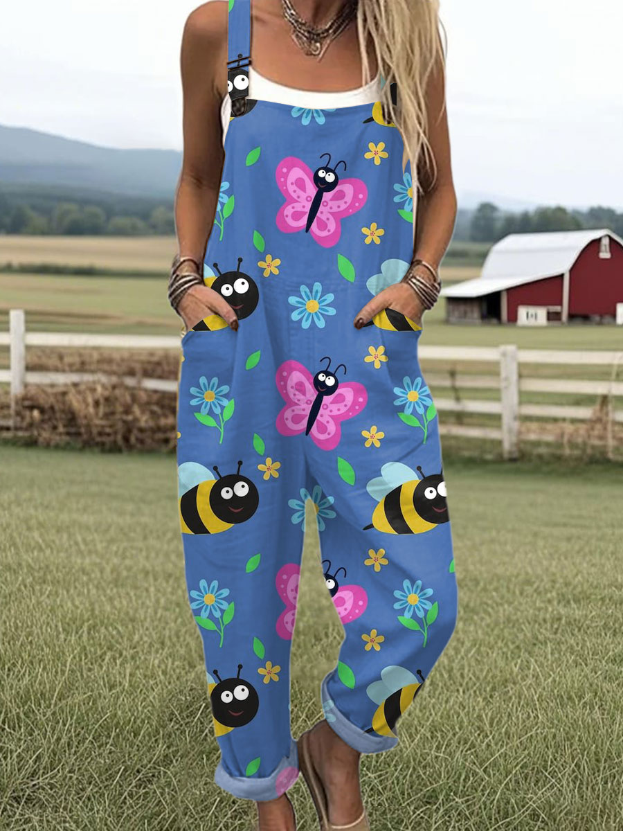 Women's  Funny Flower Bee  Butterfly  Art Print Casual 100% Cotton Wide Leg Jumpsuit