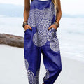 Women's Vintage Abstract Waves Art Print Casual 100% Cotton Wide Leg Jumpsuit