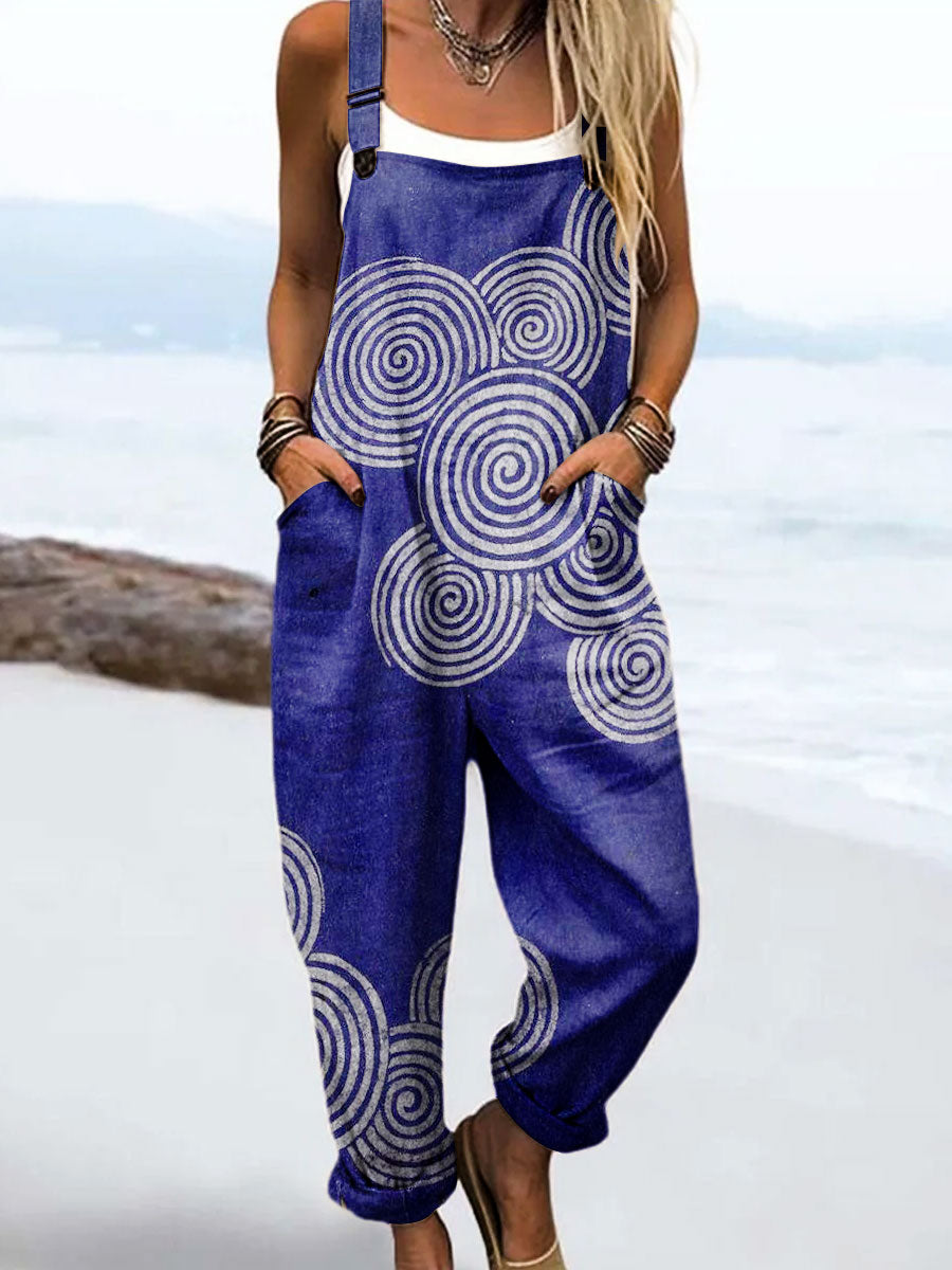 Women's Vintage Abstract Waves Art Print Casual 100% Cotton Wide Leg Jumpsuit