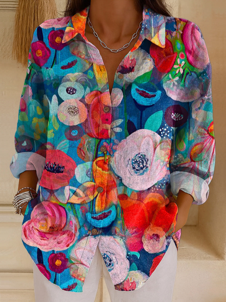 Women's Beautiful Colorful Abstract Floral Painting Art Print Casual Cotton Shirt