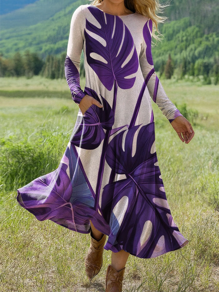 Women's Oversized Leaves Art Print Long-sleeved Dress