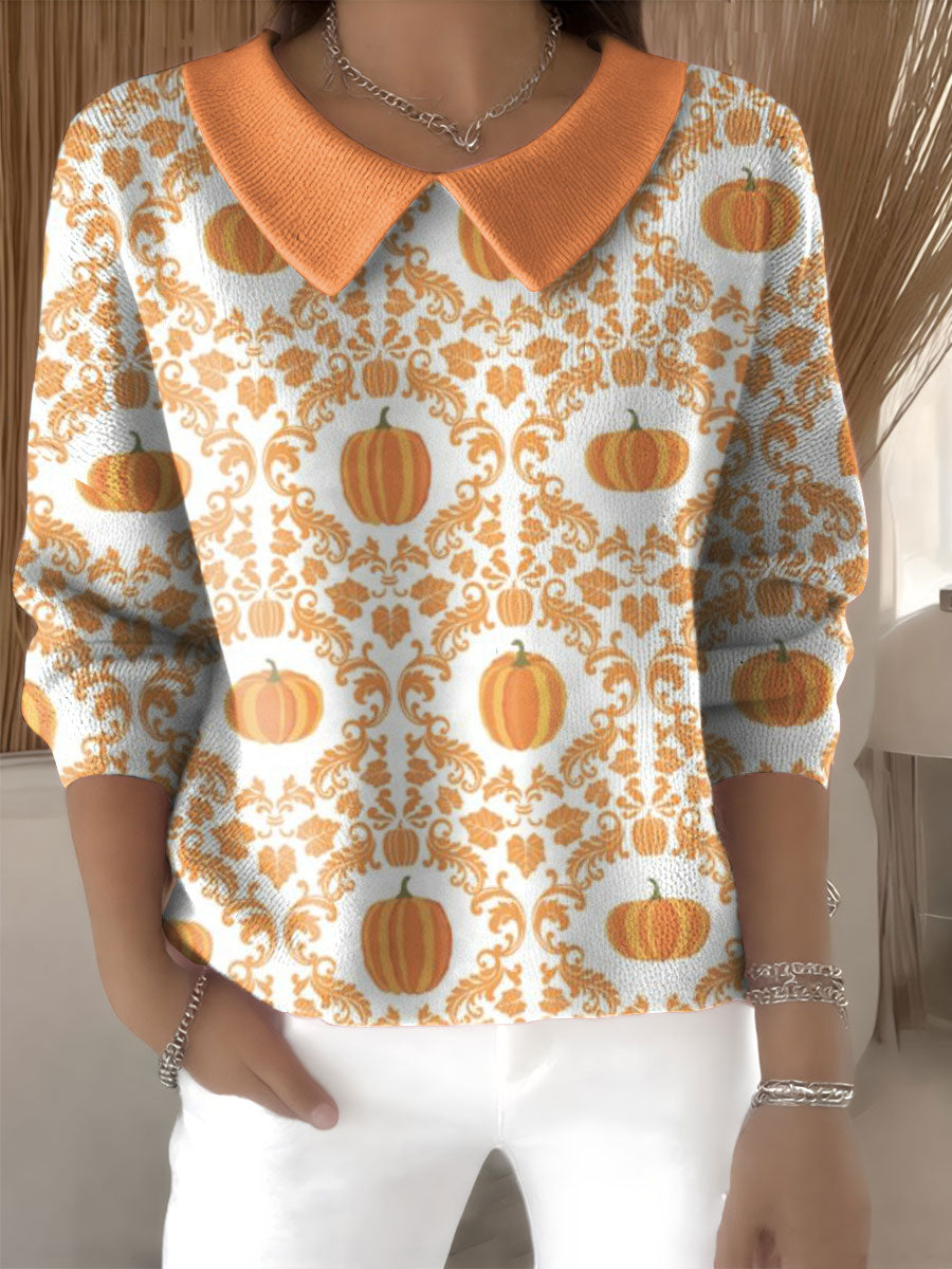womens-halloween-pumpkin-pattern-art-casual-print-peter-pan-collar-3-4-sleeve-sweater