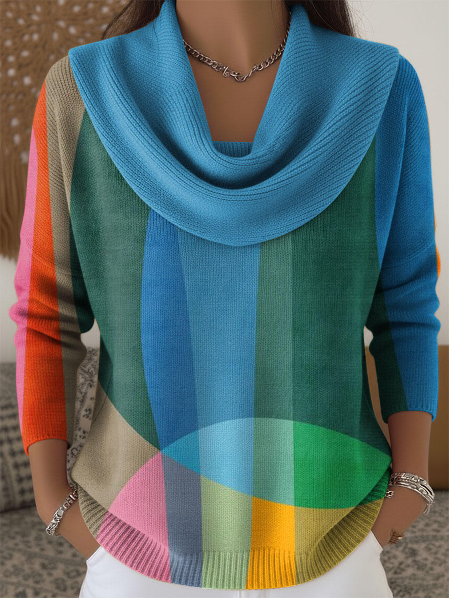 Women's Geometric Color Splicing Print Cowl Neck Sweater