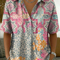 Women's Vintage Botanical Floral Casual Polo Collar Short-sleeved Linen And Cotton Shirt