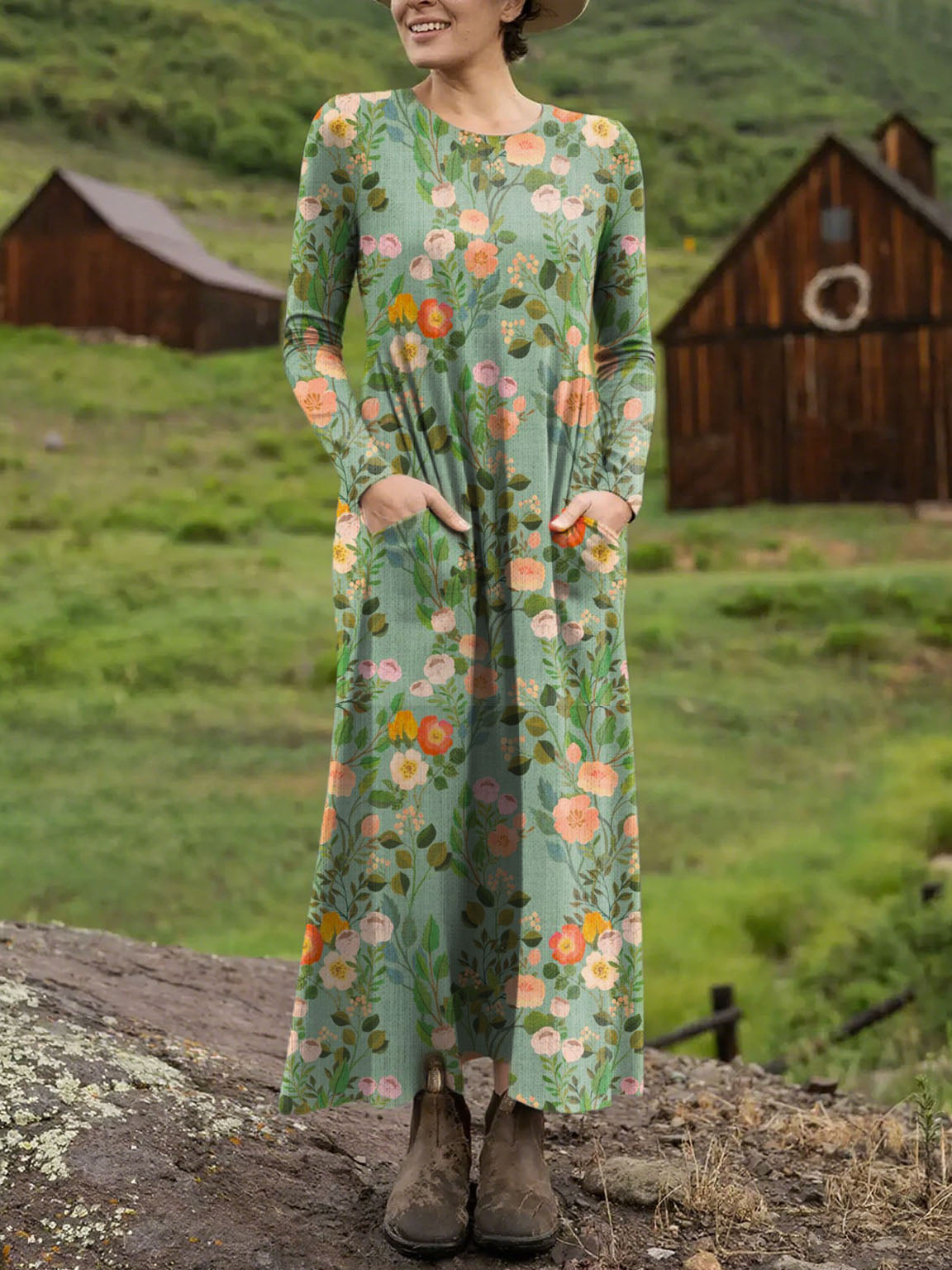 Women's Floral Art Print Casual Long-sleeved Dress
