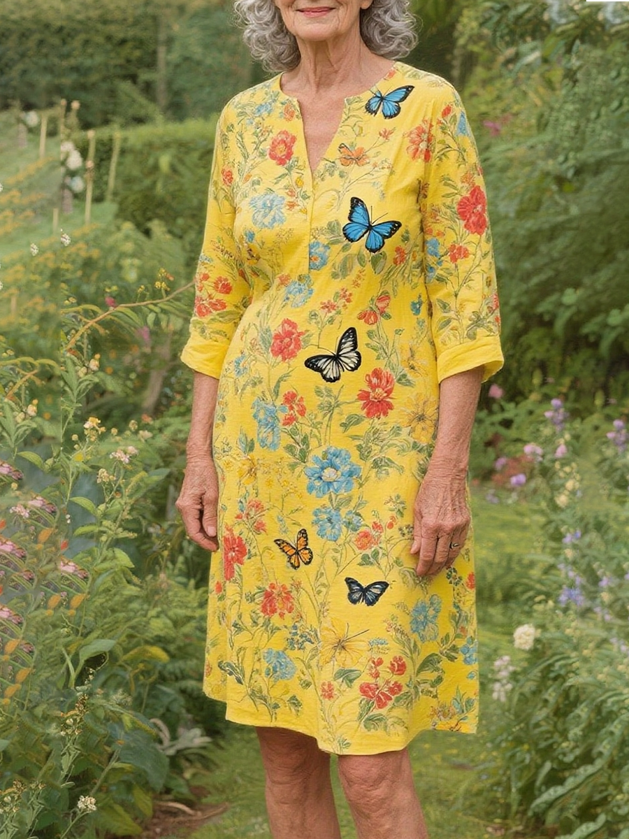 Flower and Butterfly Cotton and Linen Dress