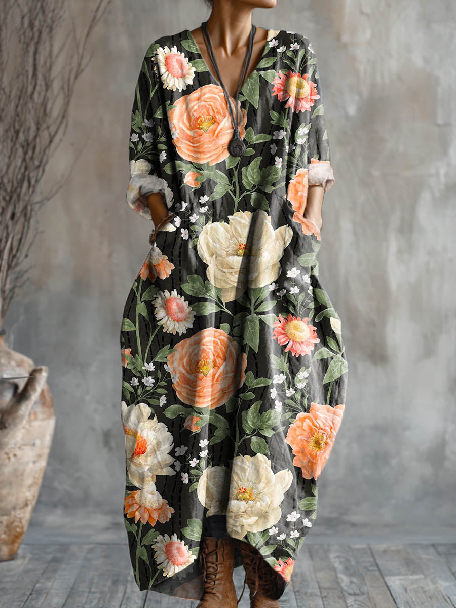 Women's Vintage Floral Art Pattern Print Pocket V-neck Cotton Dress