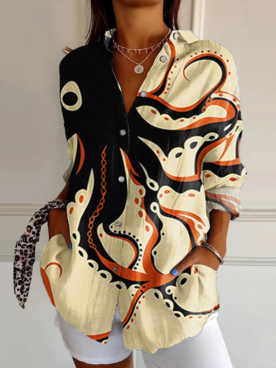 Women's  Retro  Octopus  Art  Print Casual Cotton Shirt