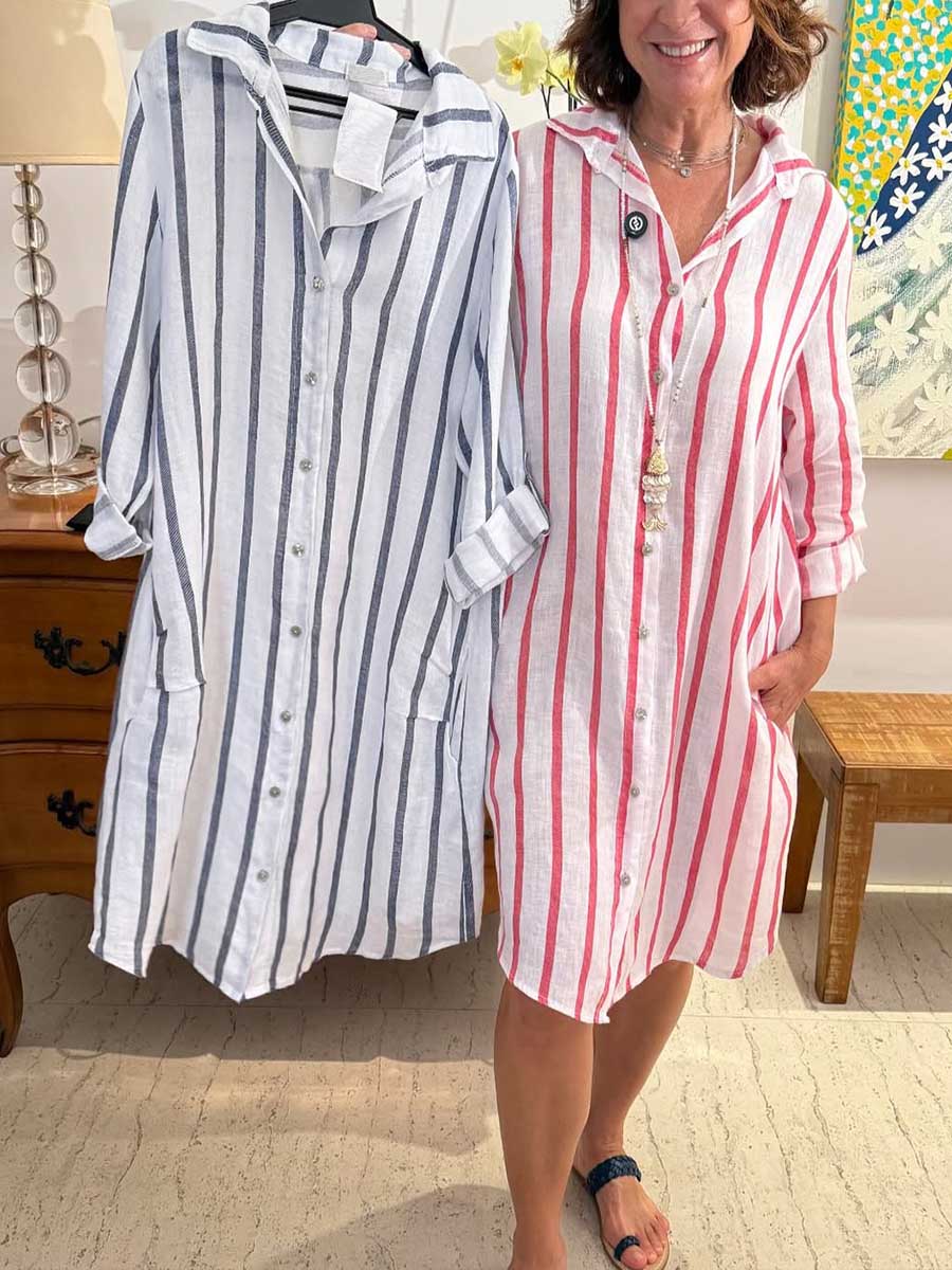 Women's Striped Print Lapel Long Sleeve Casual Cotton and Linen Shirt Dress