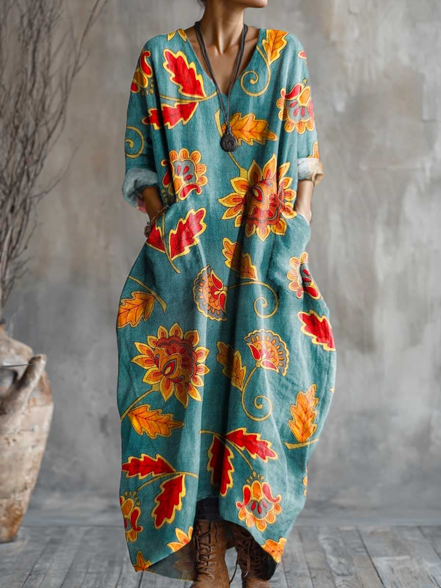 Women's Vintage Floral Art Pattern Print Pocket V-neck Cotton Dress