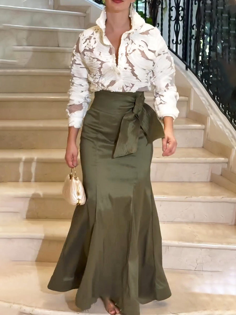 Women's Elegant Lace Shirt Fishtail Skirt Two-Piece Set