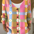 Small Flower Colorful Plaid Print Buttoned V-neck Cardigan Sweater