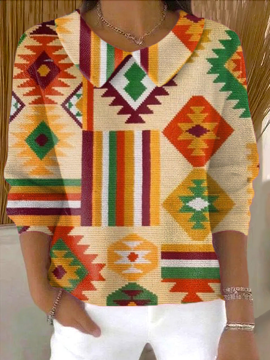 womens-beautiful-colorful-rhombus-geometric-painting-art-print-casual-peter-pan-collar-3-4-sleeve-sweater