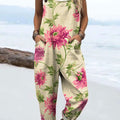 Women's Vintage Flower Art Print Casual 100% Cotton Wide Leg Jumpsuit