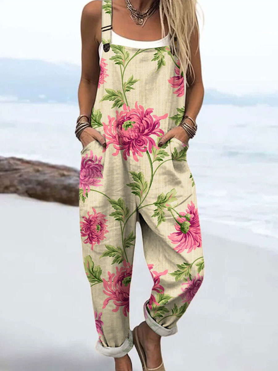 Women's Vintage Flower Art Print Casual 100% Cotton Wide Leg Jumpsuit