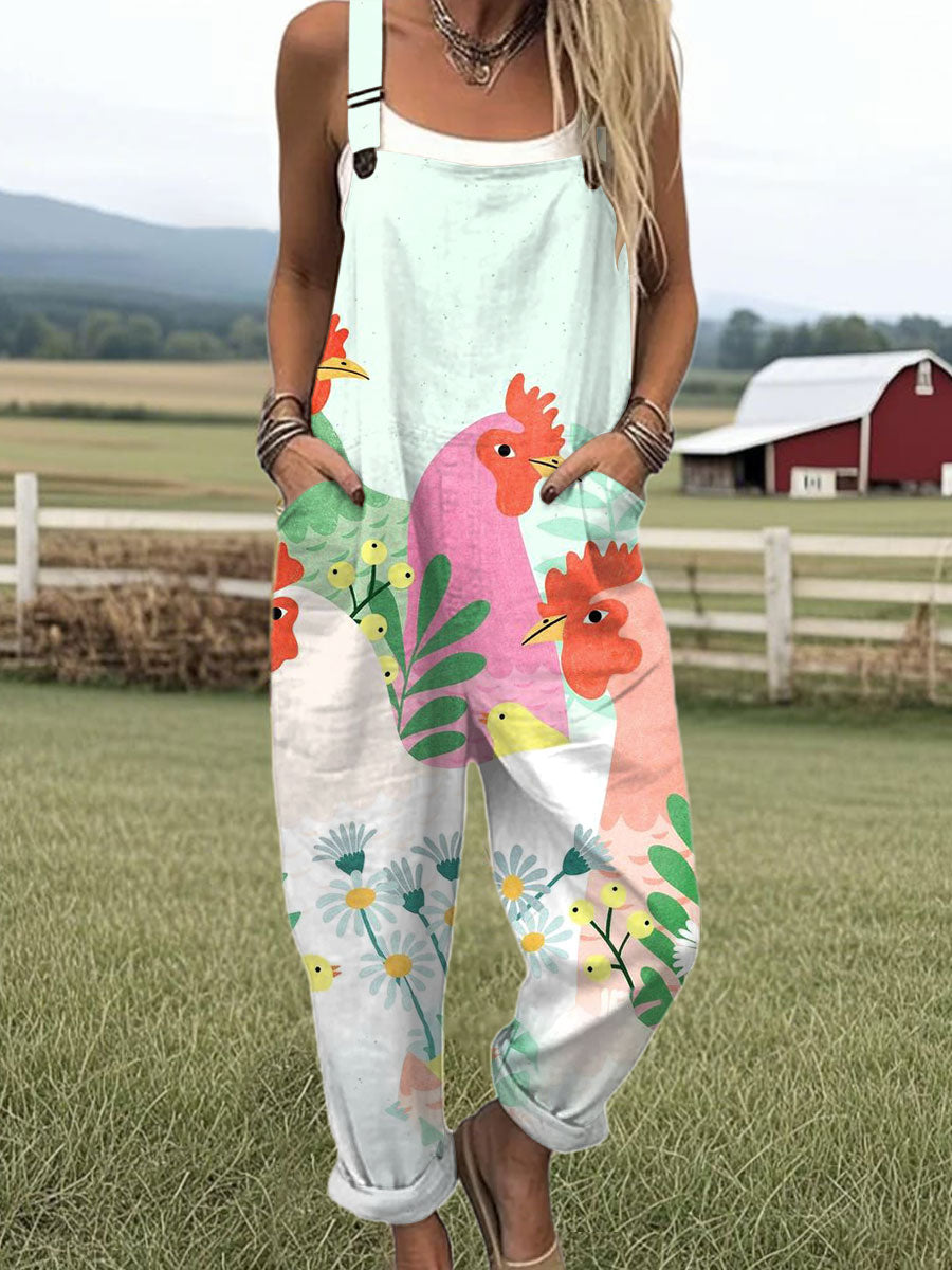 Women's Funny Chick Art Print Casual 100% Cotton Wide Leg Jumpsuit