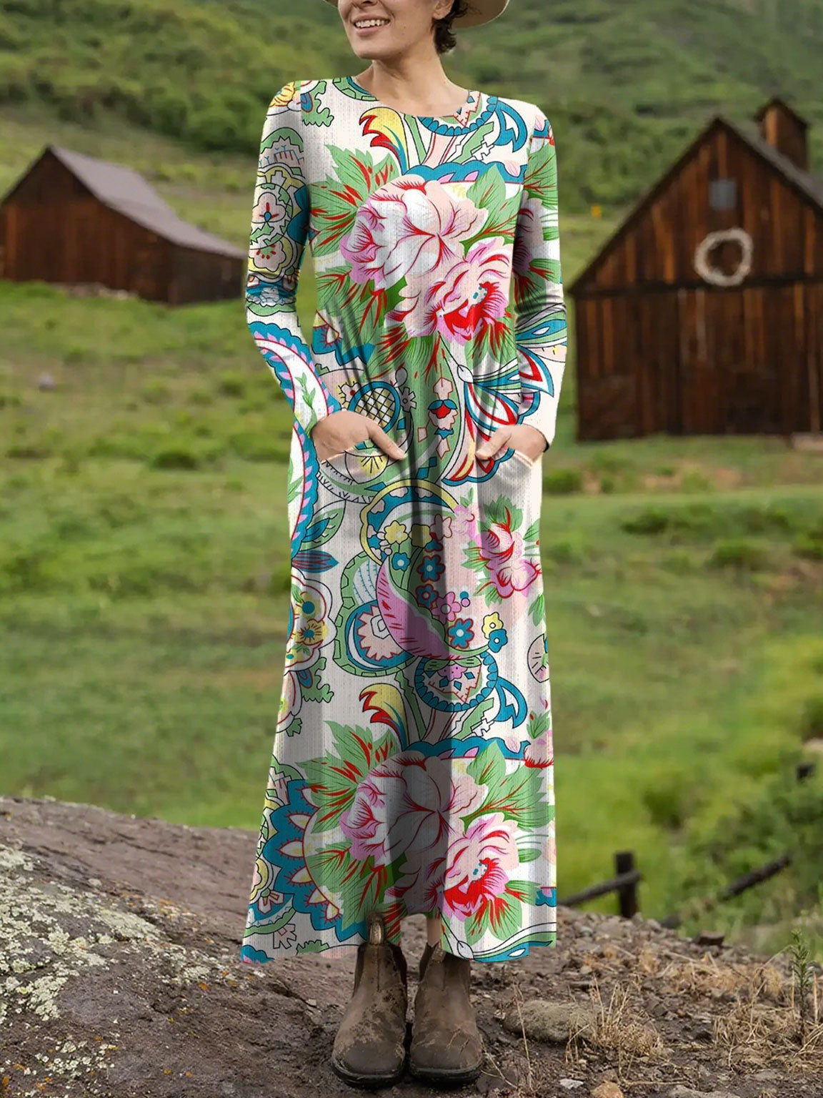Women's Vintage Flower Art Print Long-sleeved Dress