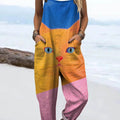 Women's Lovely Cat Pattern Art Print Casual 100% Cotton Wide Leg Jumpsuit