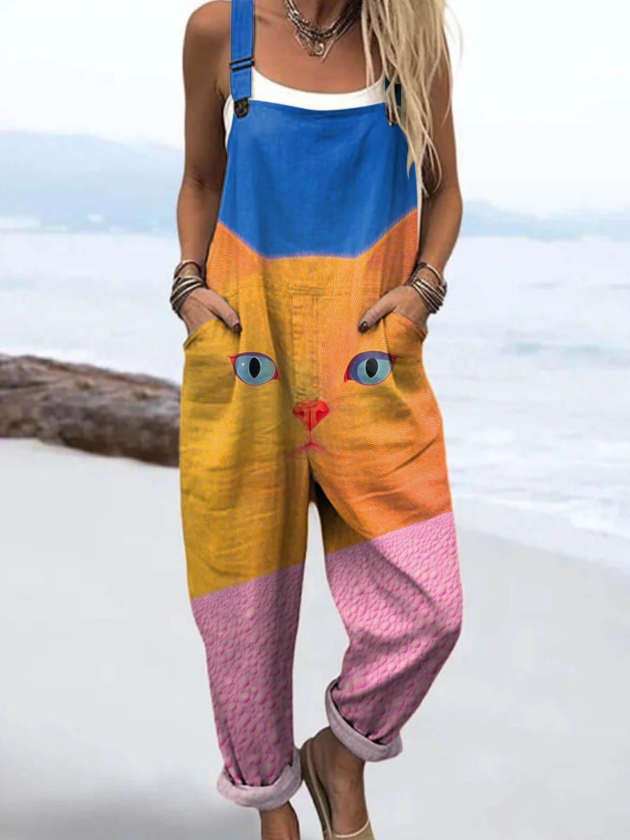 Women's Lovely Cat Pattern Art Print Casual 100% Cotton Wide Leg Jumpsuit