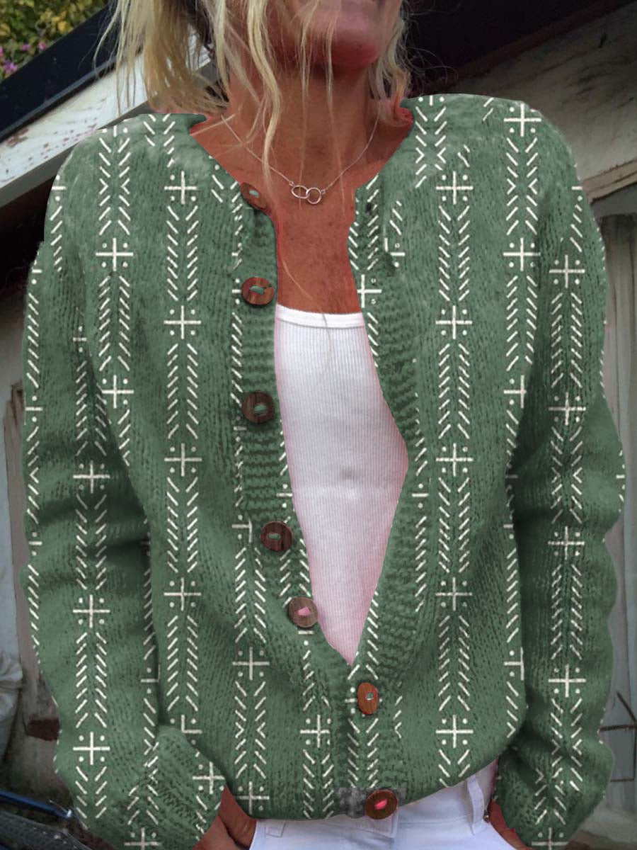 womens-green-geometric-lines-print-buttoned-cardigan-sweater