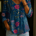 Women's Flower Art Print Linen Cotton Shirt