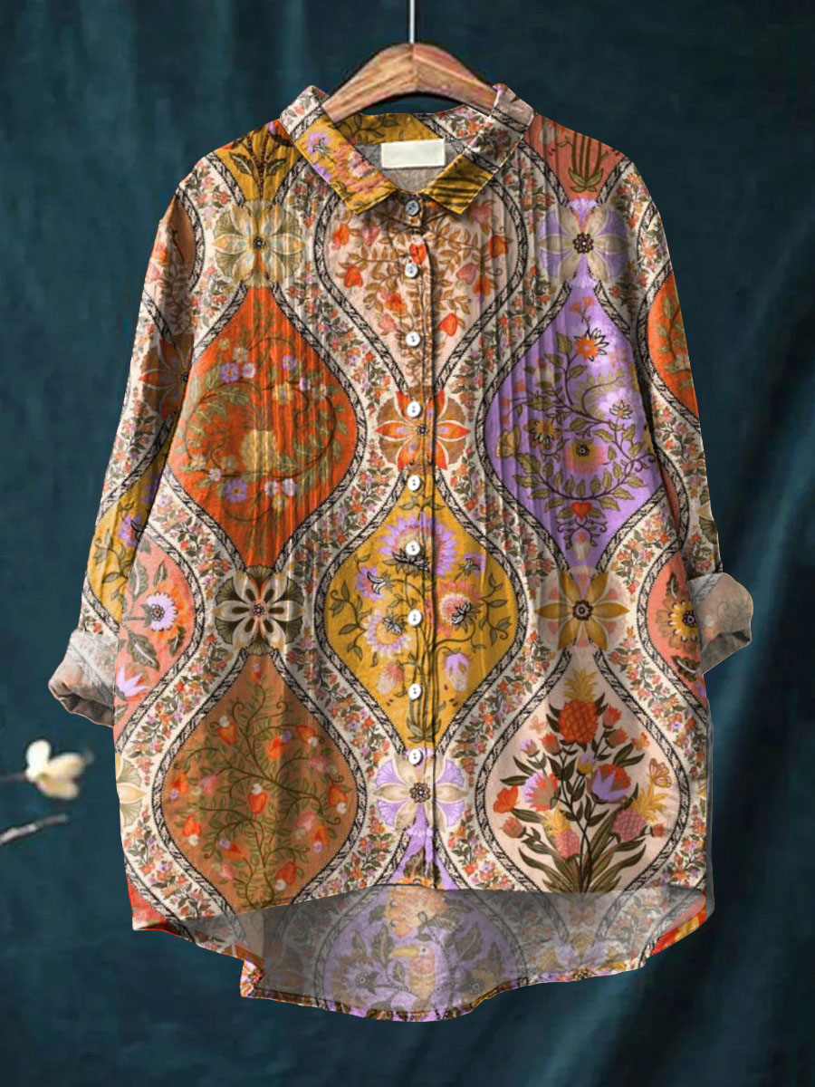 Women's Diamond Print Casual Cotton And Linen Ruffle Shirt