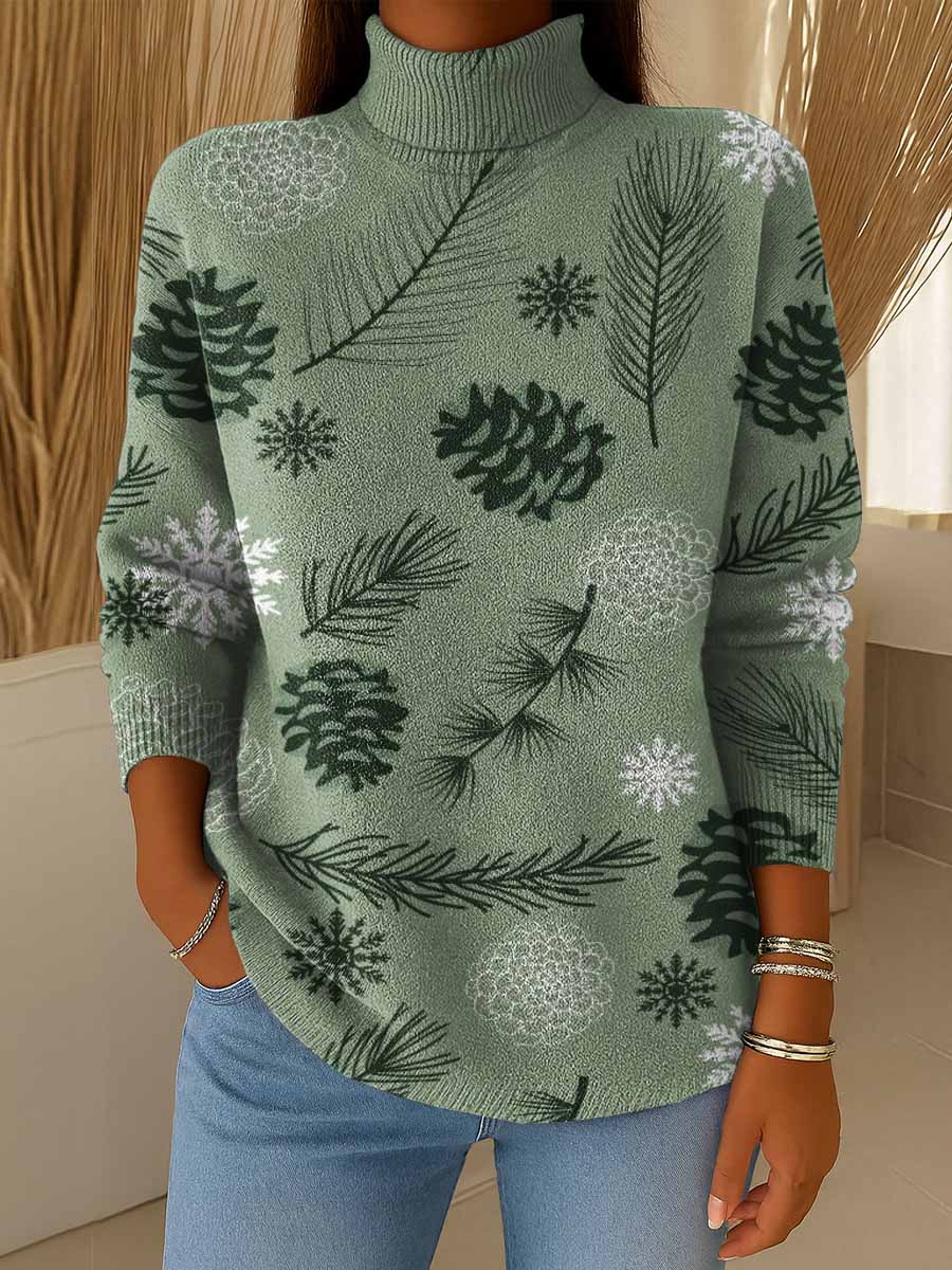 Women's Christmas Print Turtleneck Long Sleeve Casual Loose Pullover Sweater