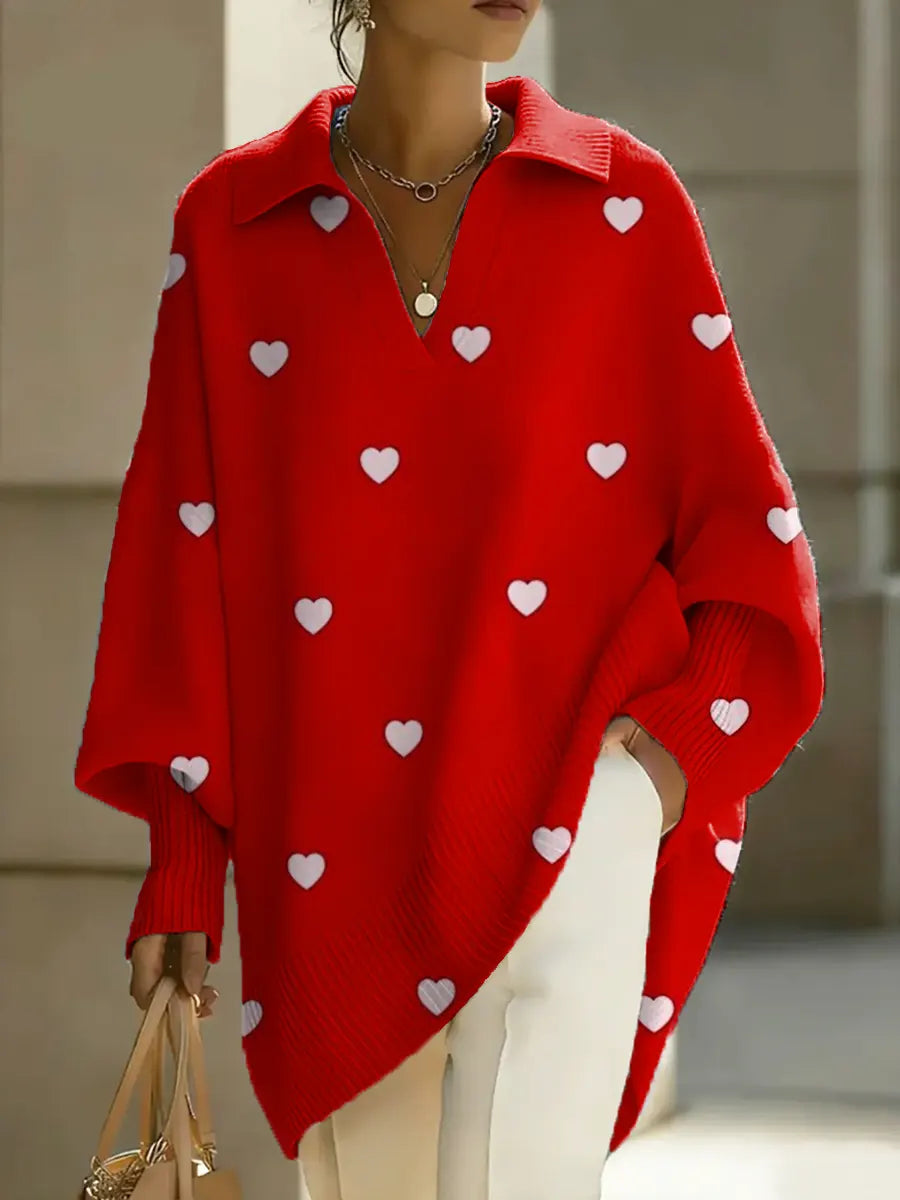 Women's Valentine's Day Heart Art Print Casual Knit Sweater