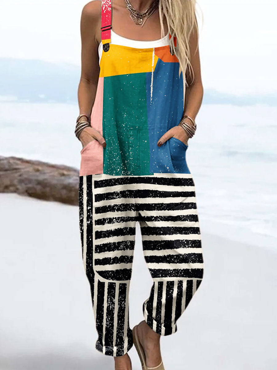 Women's Vintage Abstract Geometric Line Art Print Casual 100% Cotton Wide Leg Jumpsuit