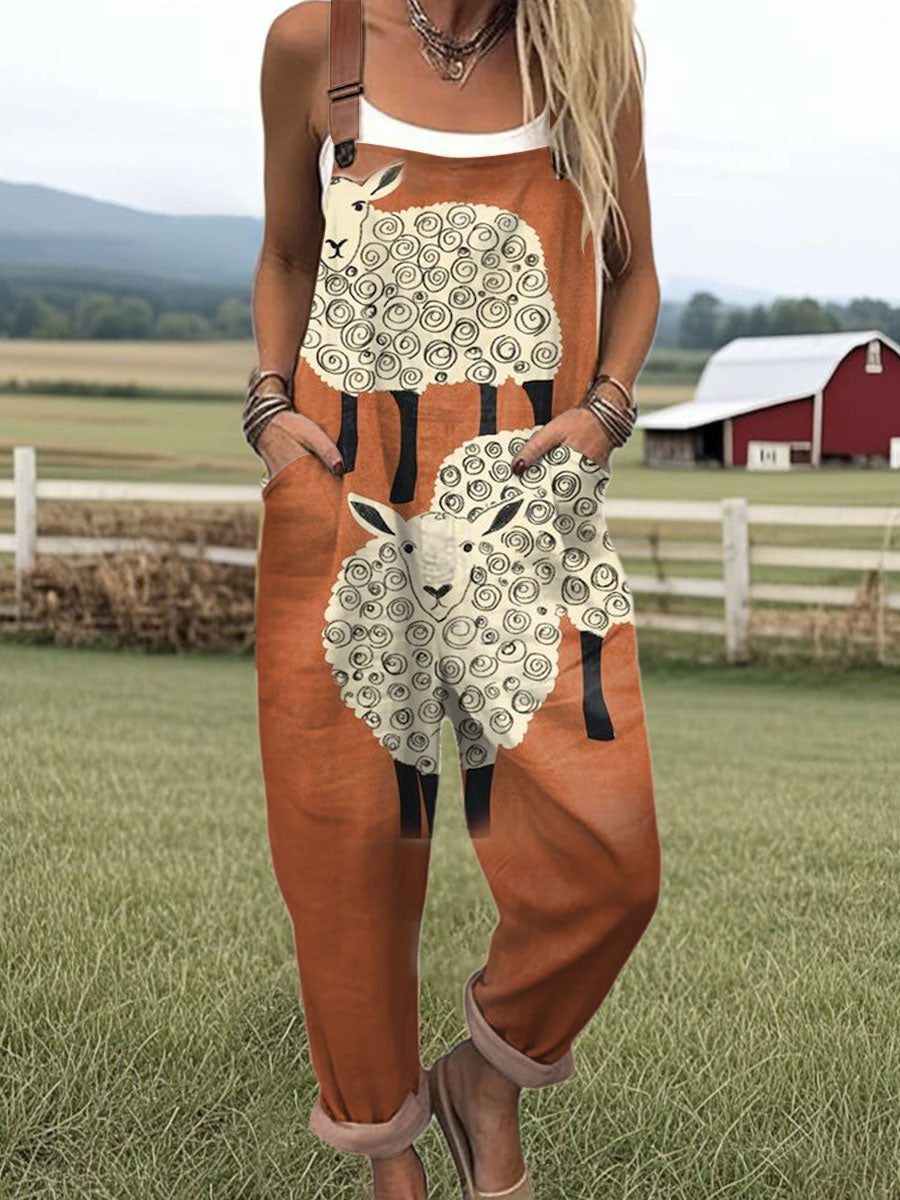 Women's  Funny Sheep Art Print Casual 100% Cotton Wide Leg Jumpsuit