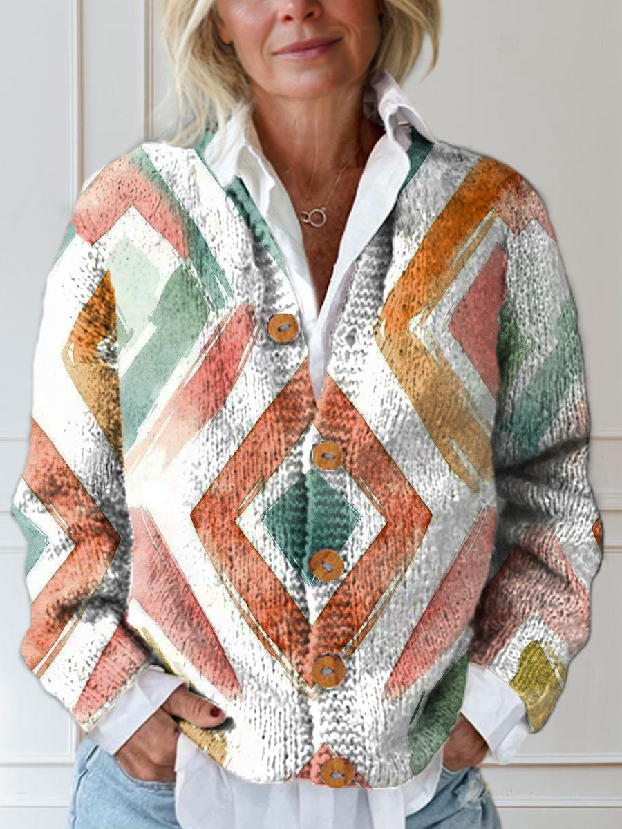 colorful-rhombus-print-buttoned-cardigan-sweater