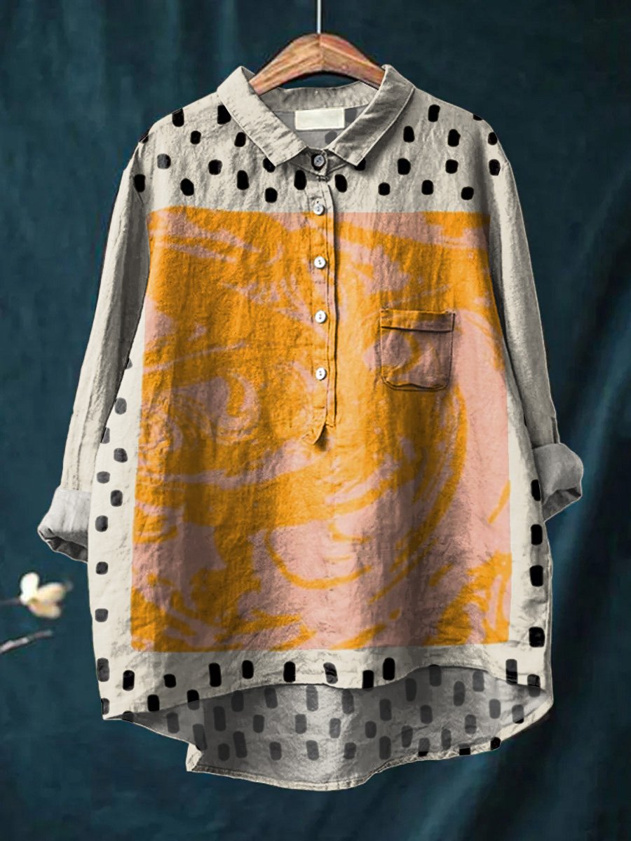 Women's Abstract Print Art Casual Cotton And Linen Shirt