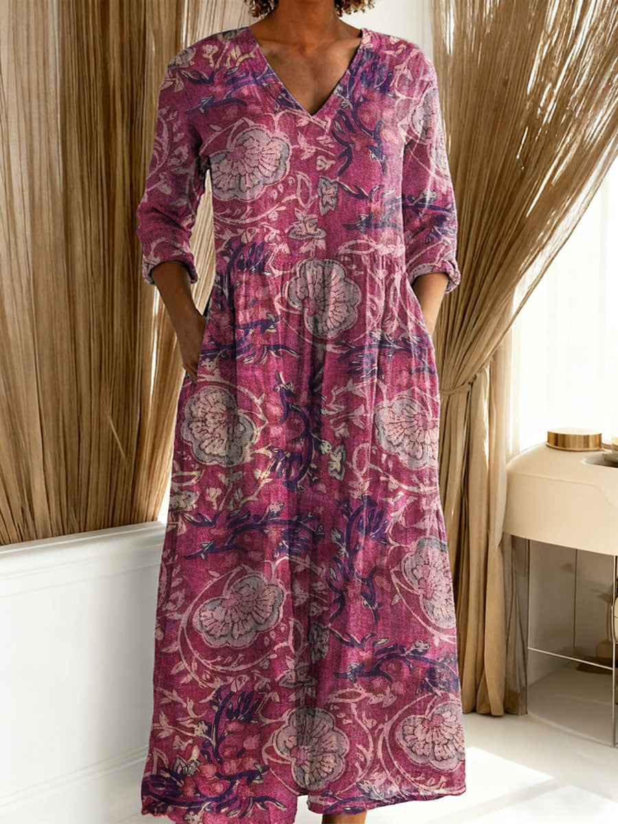 Women's Vintage Floral Pattern Art Print Casual Cotton Linen Pocket Dress