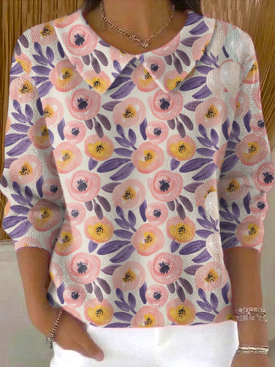 womens-vintage-flower-art-print-casual-peter-pan-collar-3-4-sleeve-sweater-qn8b