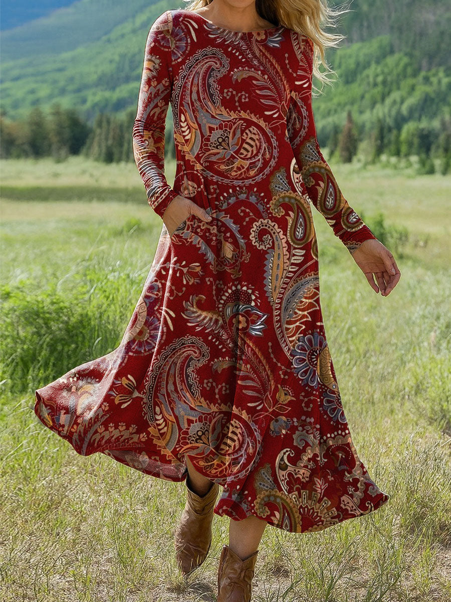 Women's Vintage Flower Art Print Long-sleeved Dress