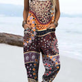 Women's Vintage Geometric Pattern Art Print Casual 100% Cotton Wide Leg Jumpsuit