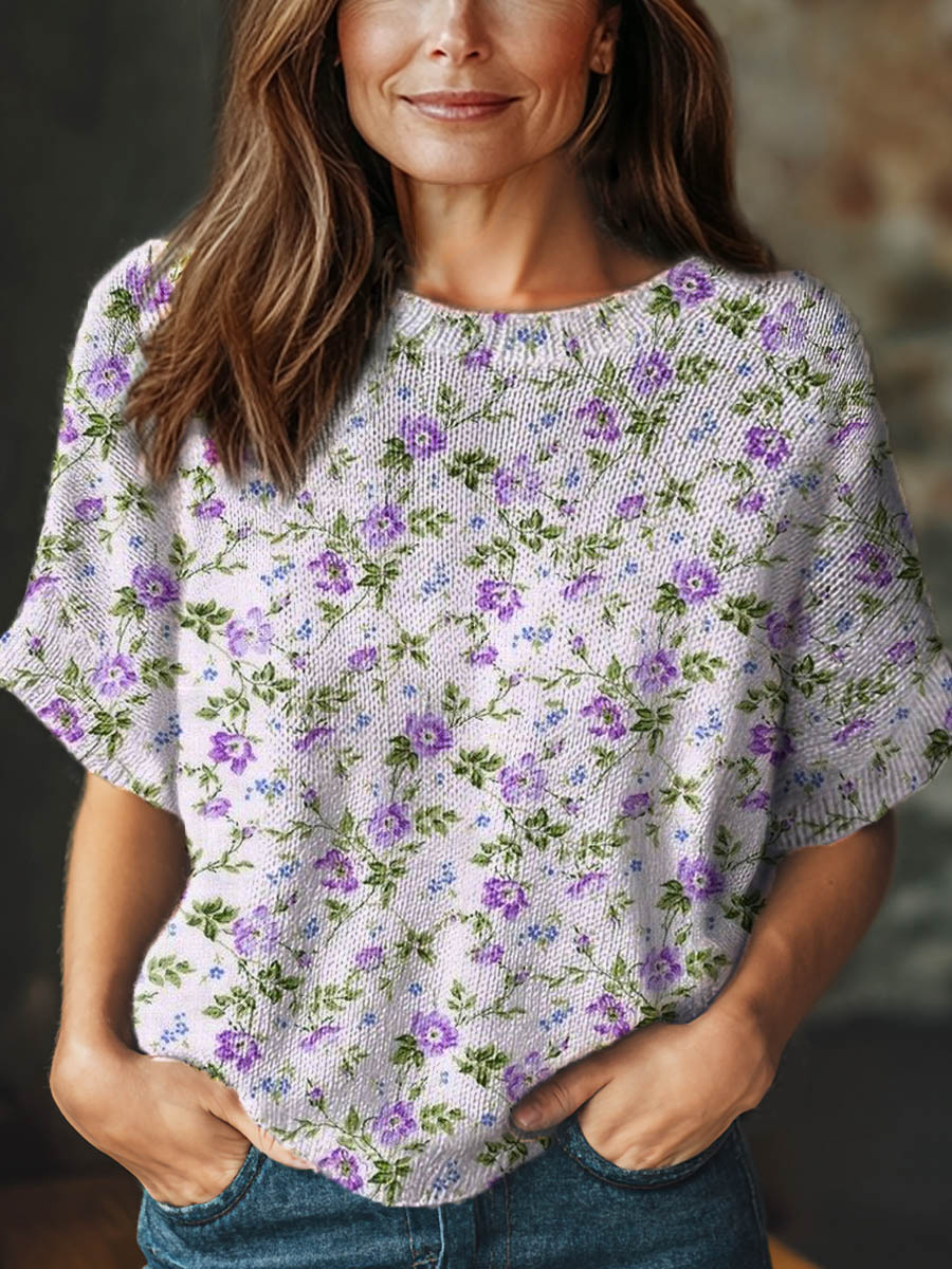 womens-vintage-floral-art-print-casual-crew-neck-short-sleeve-knitted-sweater-a826