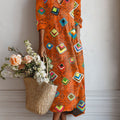 Women's Vintage Abstract Geometric Art Print Linen Pocket Tunic Dress